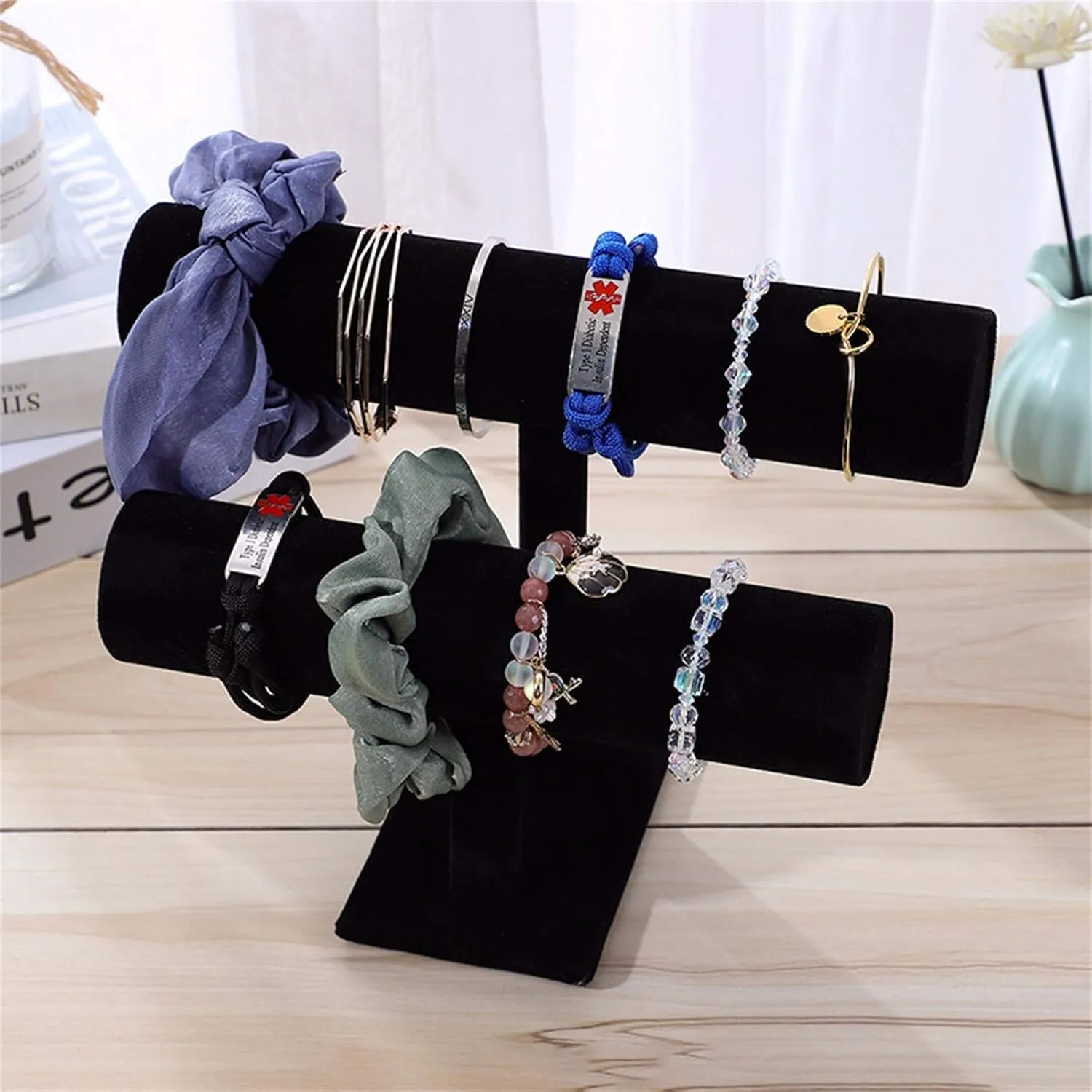 T Bar Bracelet Display Stand Detachable Velvet 2-Tier Necklace Jewelry Bracelet Bangle Scrunchie Watch Holder Organizer for Women Girls Men Home (Red)