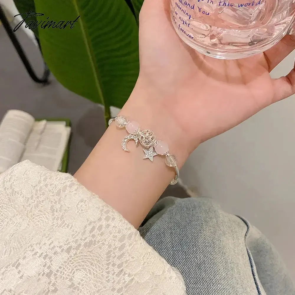 Tavimart Harajuku Pentagram Pearl Beaded Chain Bracelets for Women Korean Cute Blue Crystal Star Charm Bracelet Y2k Jewelry Gifts