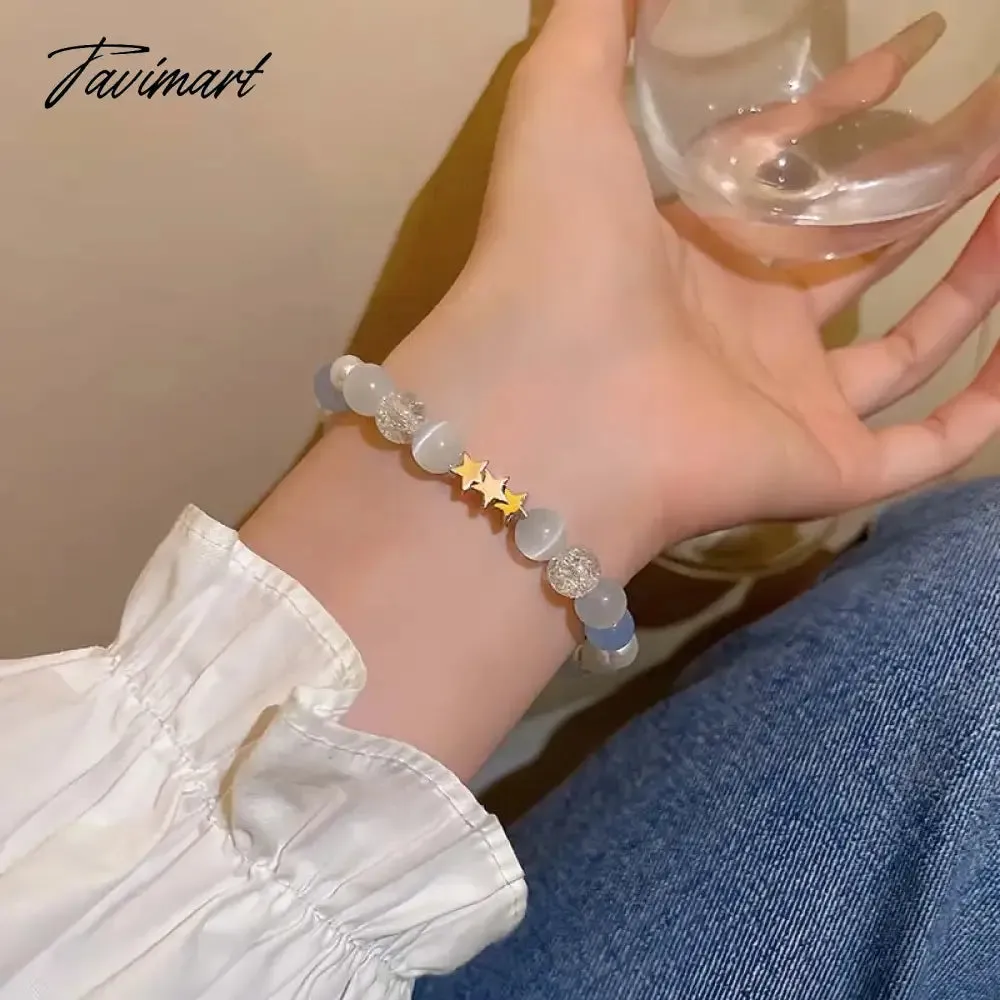Tavimart Harajuku Pentagram Pearl Beaded Chain Bracelets for Women Korean Cute Blue Crystal Star Charm Bracelet Y2k Jewelry Gifts
