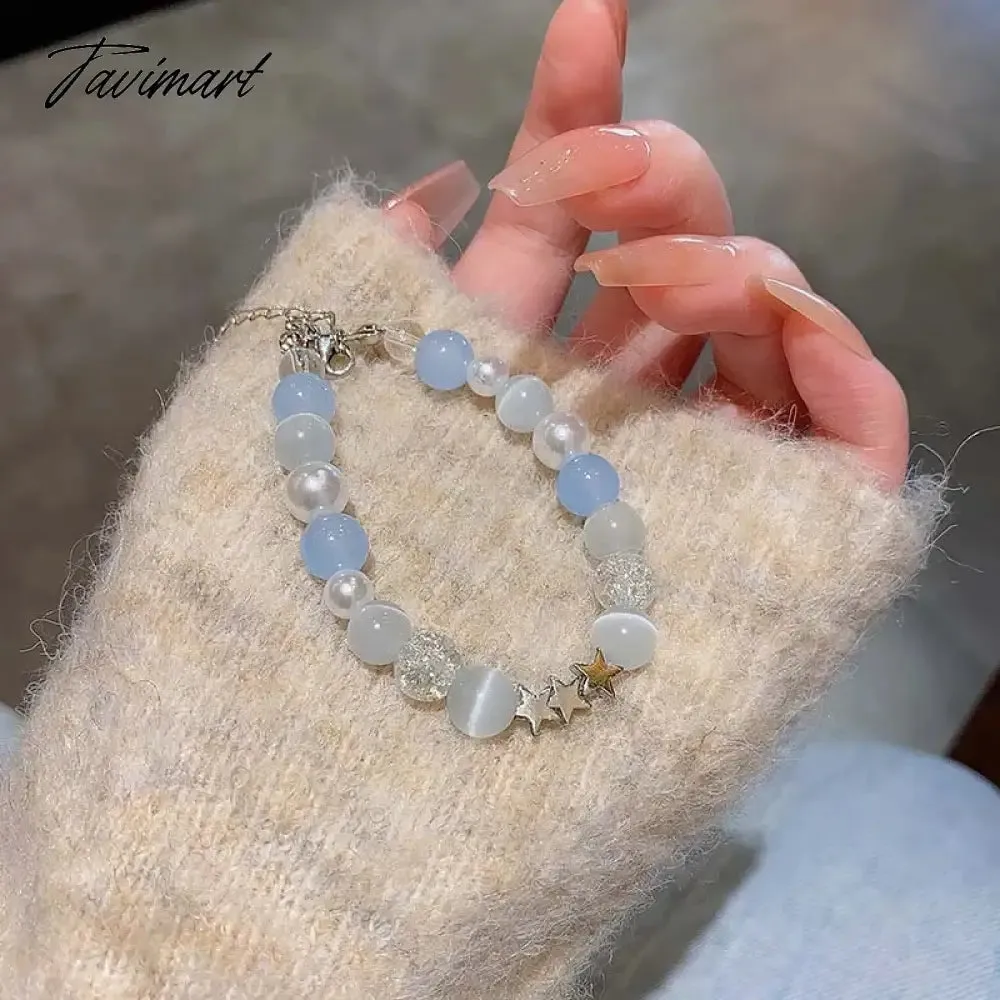 Tavimart Harajuku Pentagram Pearl Beaded Chain Bracelets for Women Korean Cute Blue Crystal Star Charm Bracelet Y2k Jewelry Gifts