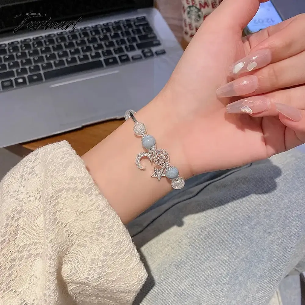 Tavimart Harajuku Pentagram Pearl Beaded Chain Bracelets for Women Korean Cute Blue Crystal Star Charm Bracelet Y2k Jewelry Gifts