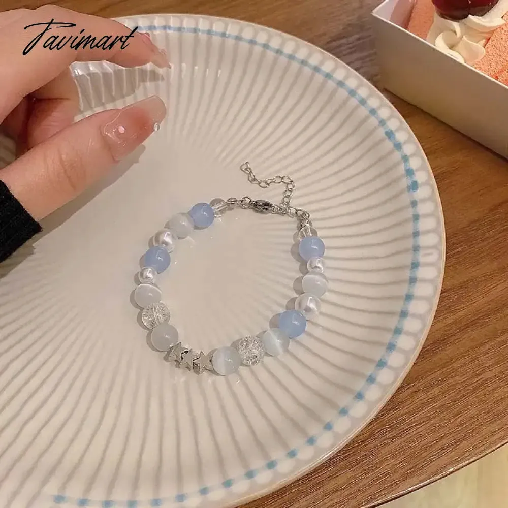 Tavimart Harajuku Pentagram Pearl Beaded Chain Bracelets for Women Korean Cute Blue Crystal Star Charm Bracelet Y2k Jewelry Gifts