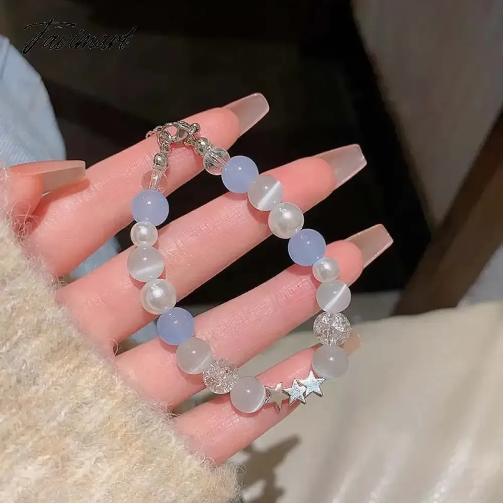 Tavimart Harajuku Pentagram Pearl Beaded Chain Bracelets for Women Korean Cute Blue Crystal Star Charm Bracelet Y2k Jewelry Gifts
