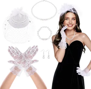 Tea Party Fascinator Hat for Women Fascinators Headband with Veil Feather Lace Gloves Pearl Set Halloween Wedding