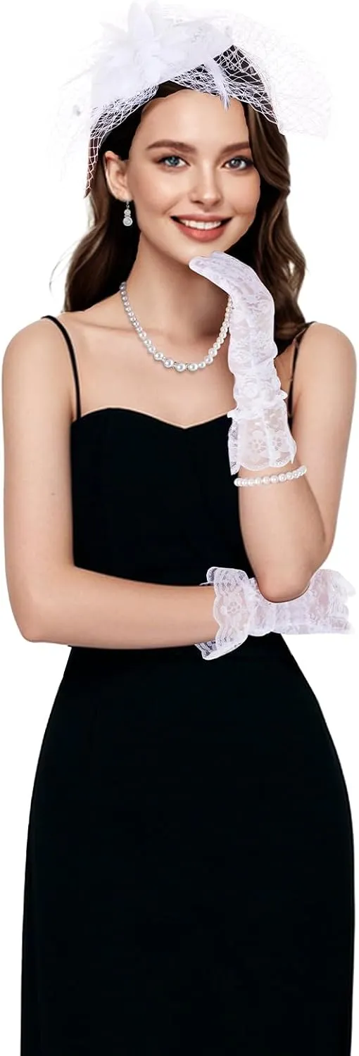 Tea Party Fascinator Hat for Women Fascinators Headband with Veil Feather Lace Gloves Pearl Set Halloween Wedding