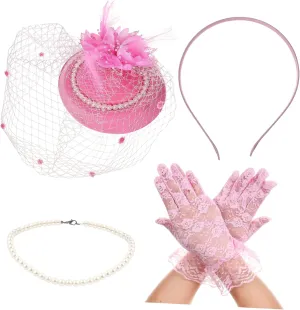 Tea Party Hat Gloves Set 1920s Vintage Accessories for Women Pearl Necklace and Earring Set