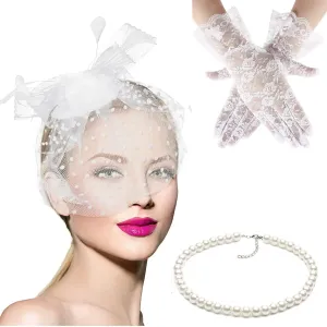 Tea Party Hats and Gloves for Women White Fascinators Hats with Veil 50s Vintage Headpiece Hair Clip for Derby Hat Wedding Church Costume Event Christmas