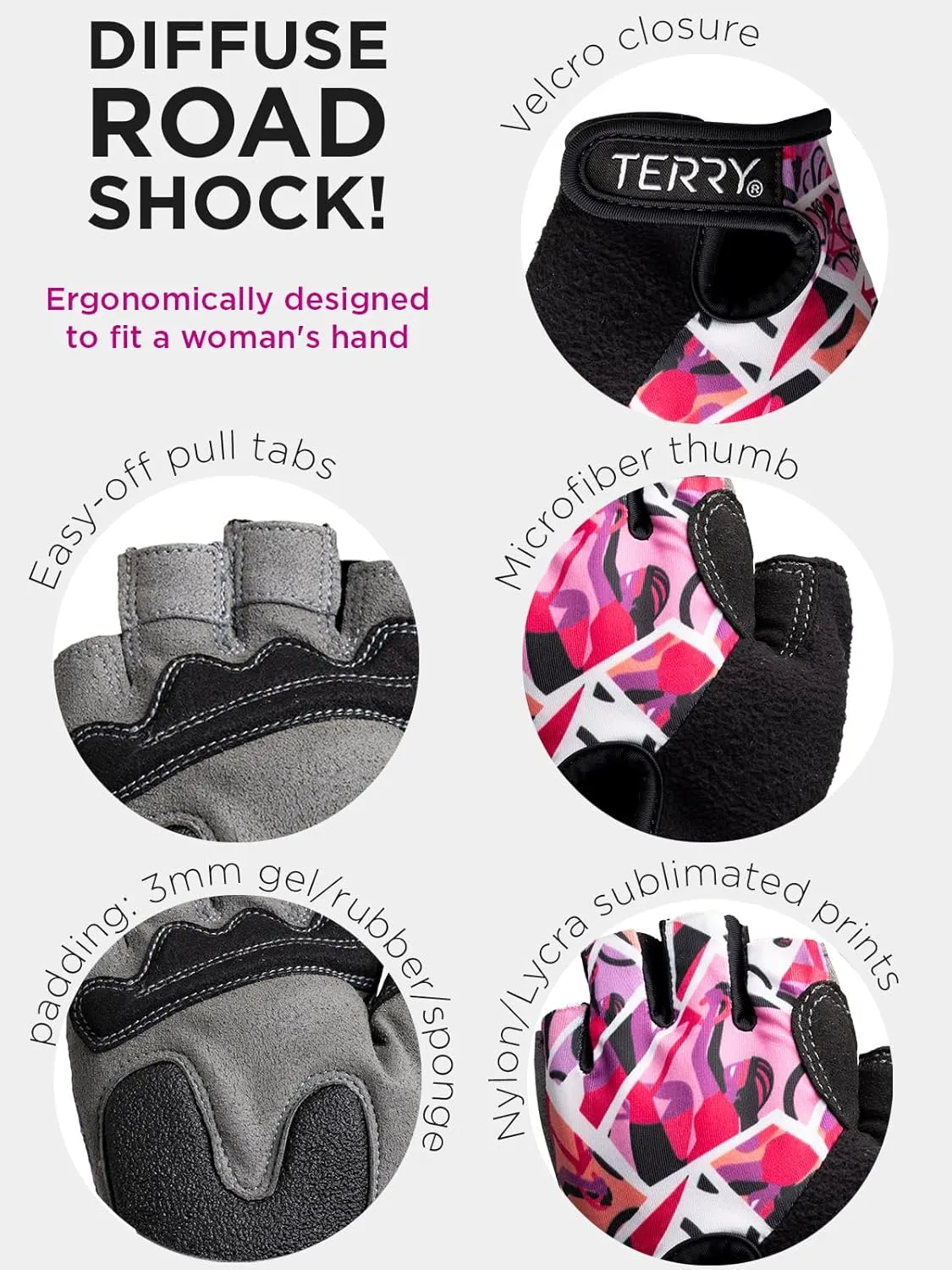 Terry Cycling Gloves for Women, T-Gloves LTD Prints, Ladies Cycling Gloves Half Finger Gel Padded Mountain Bike Glove