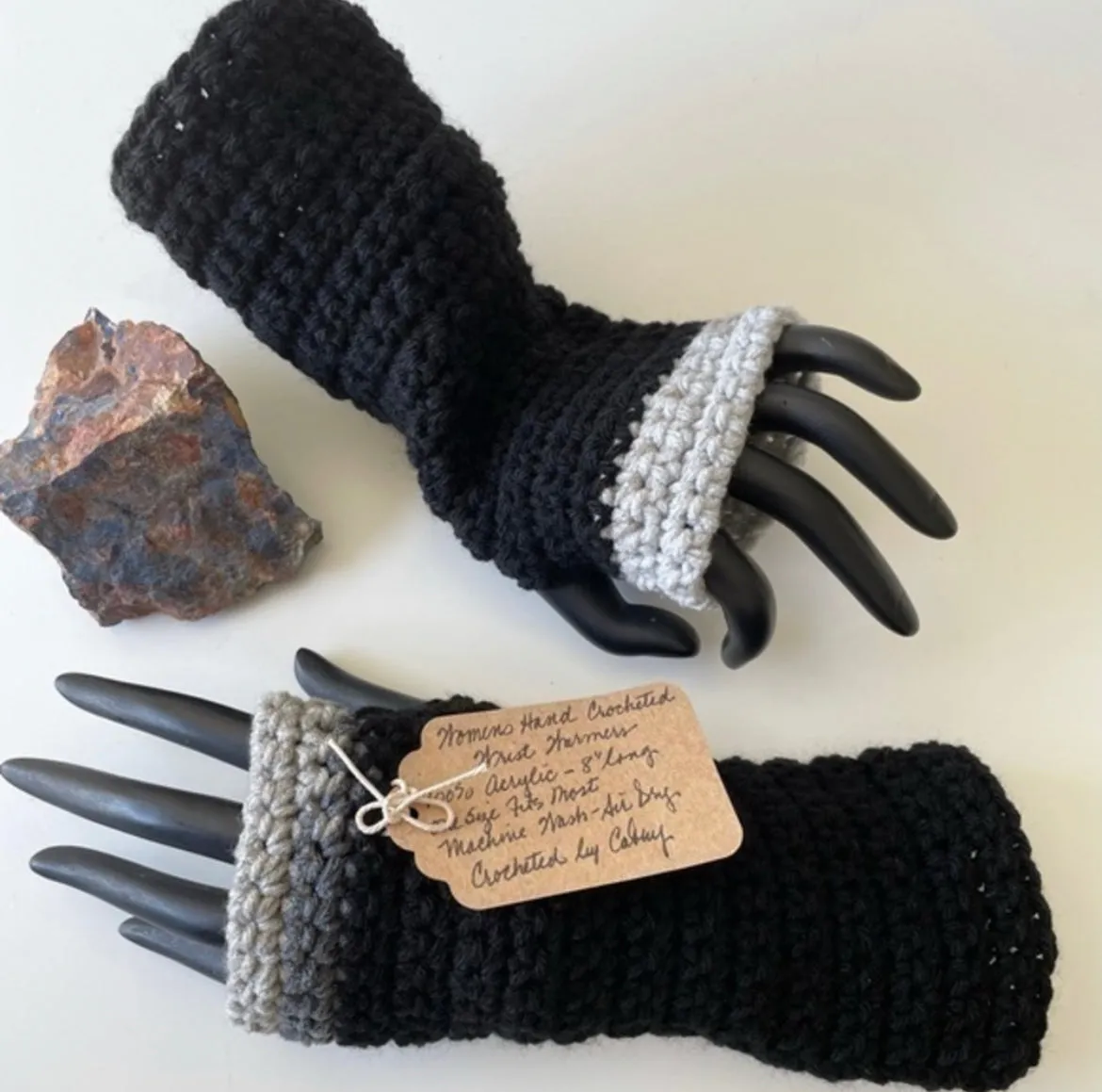 Texting Tech Wrist Warmers Solid Black & Multi Tone Grey Trimmed Palm Crochet Knit Fall Winter Writing Gaming Fingerless Gloves