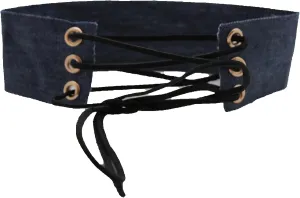 TFJ Women Fashion Choker Necklace Wide Fabric Strap Long String Sexy Corset Denim Blue Color