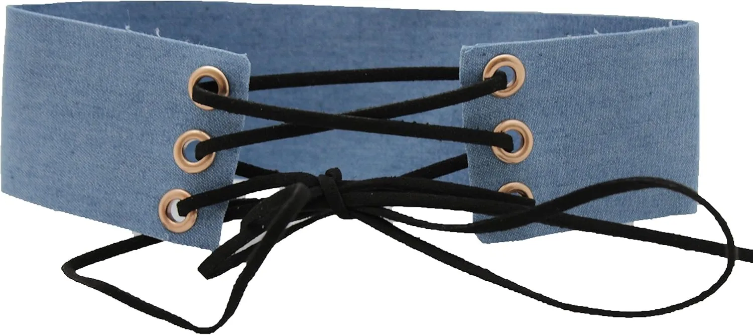 TFJ Women Fashion Choker Necklace Wide Fabric Strap Sexy Black String Corset Denim Blue Color
