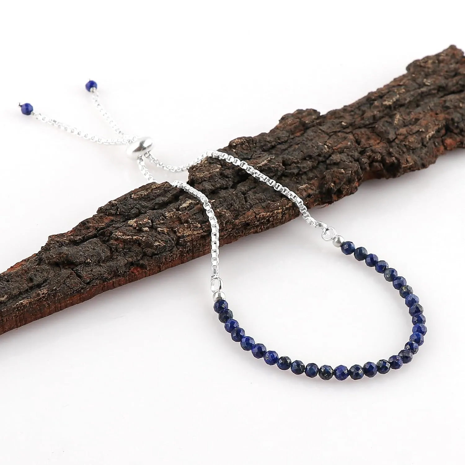 Thecraftman Natural Gemstone Round Beads Bolo Bracelet, Chakra Healing Crystals, Silver Plated, Adjustable Slider, Gift for Women, Birthday, Wedding, Handmade, Adjustable Bracelets (Lapis Lazuli)