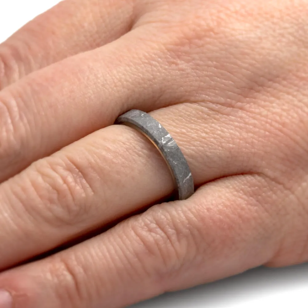 Thin Meteorite Women's Wedding Band With Whiskey Barrel Wood Sleeve