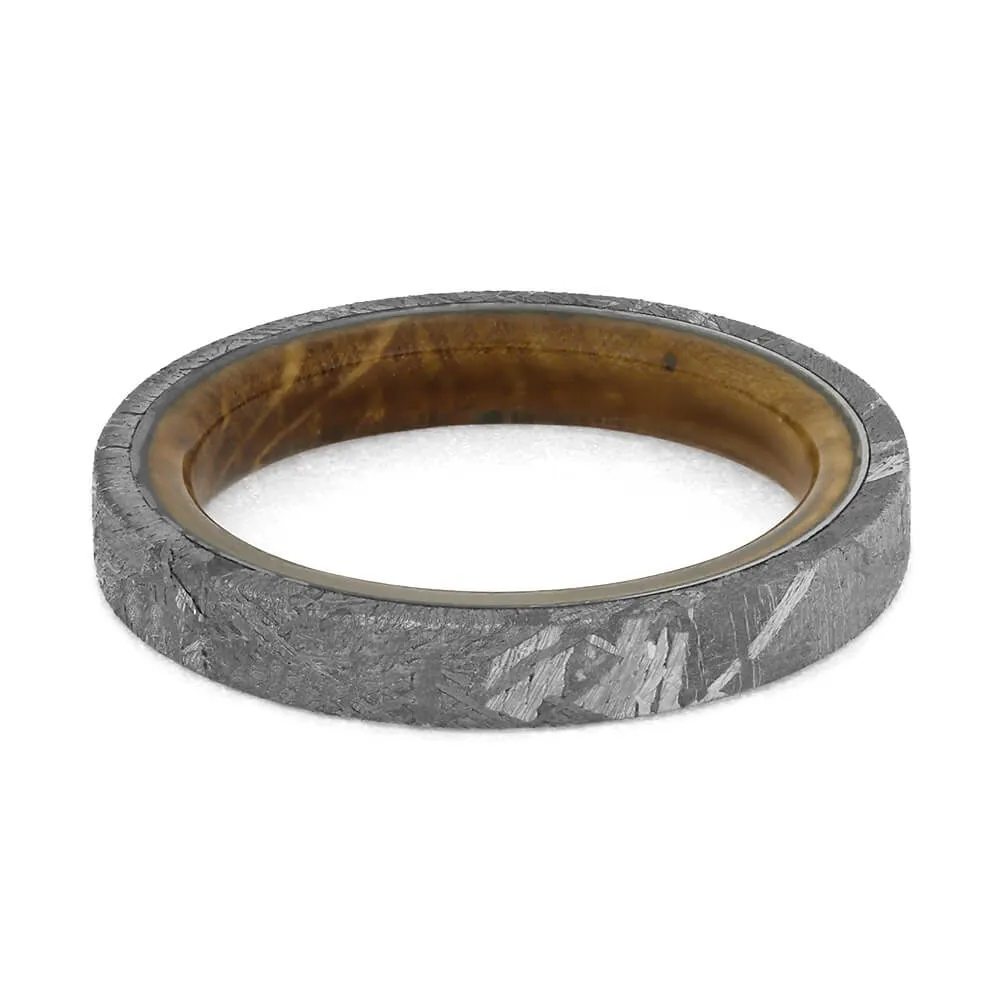 Thin Meteorite Women's Wedding Band With Whiskey Barrel Wood Sleeve