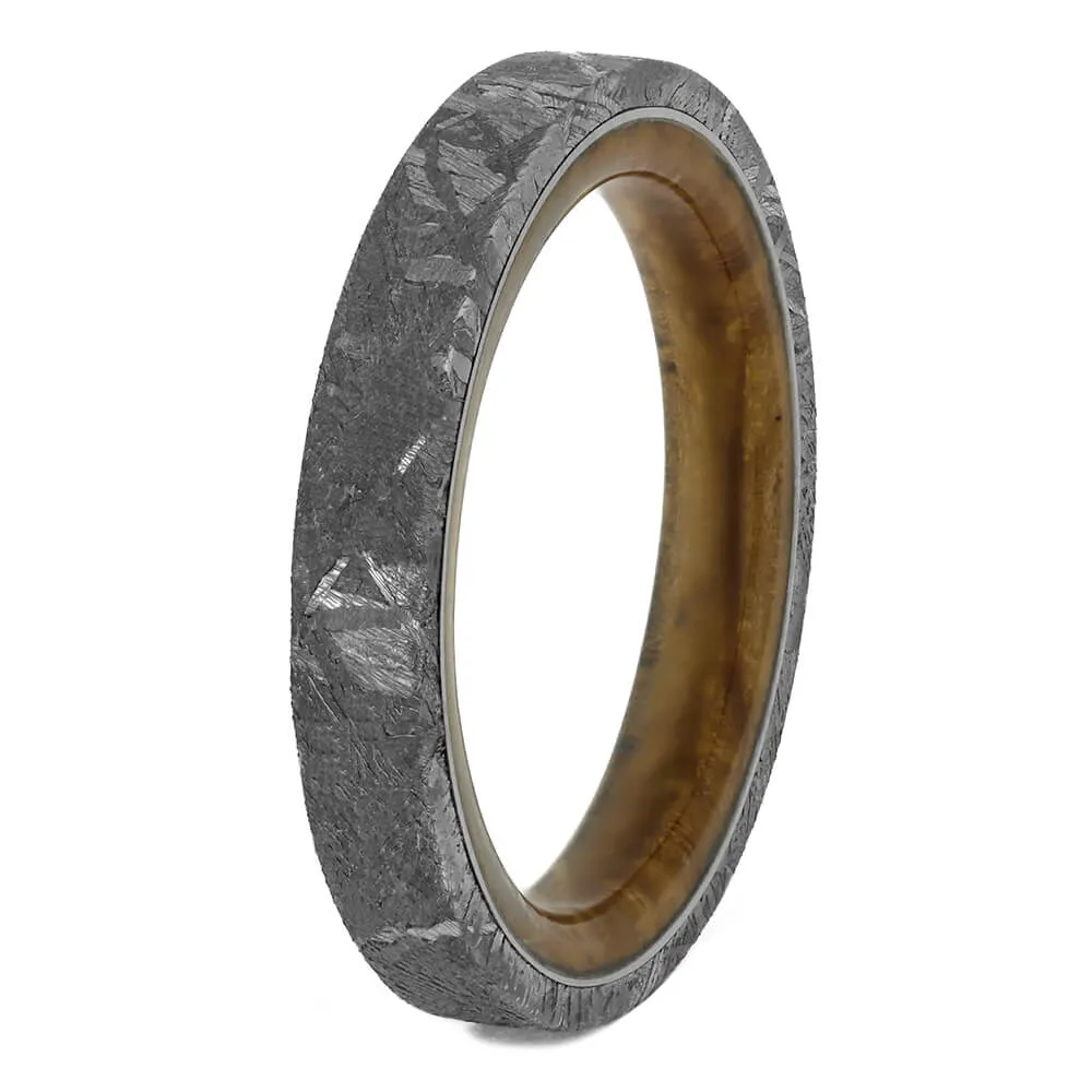 Thin Meteorite Women's Wedding Band With Whiskey Barrel Wood Sleeve