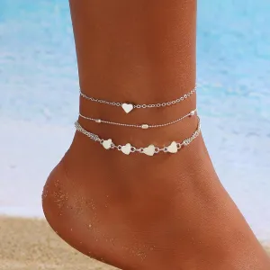 Three Layers Heart Anklet for Women S925 Sterling Silver Adjustable Summer Beach Foot Chain Cute Heart Anklet Bracelets Mother's Day Graduation Jewelry s for Mom Wife Friend