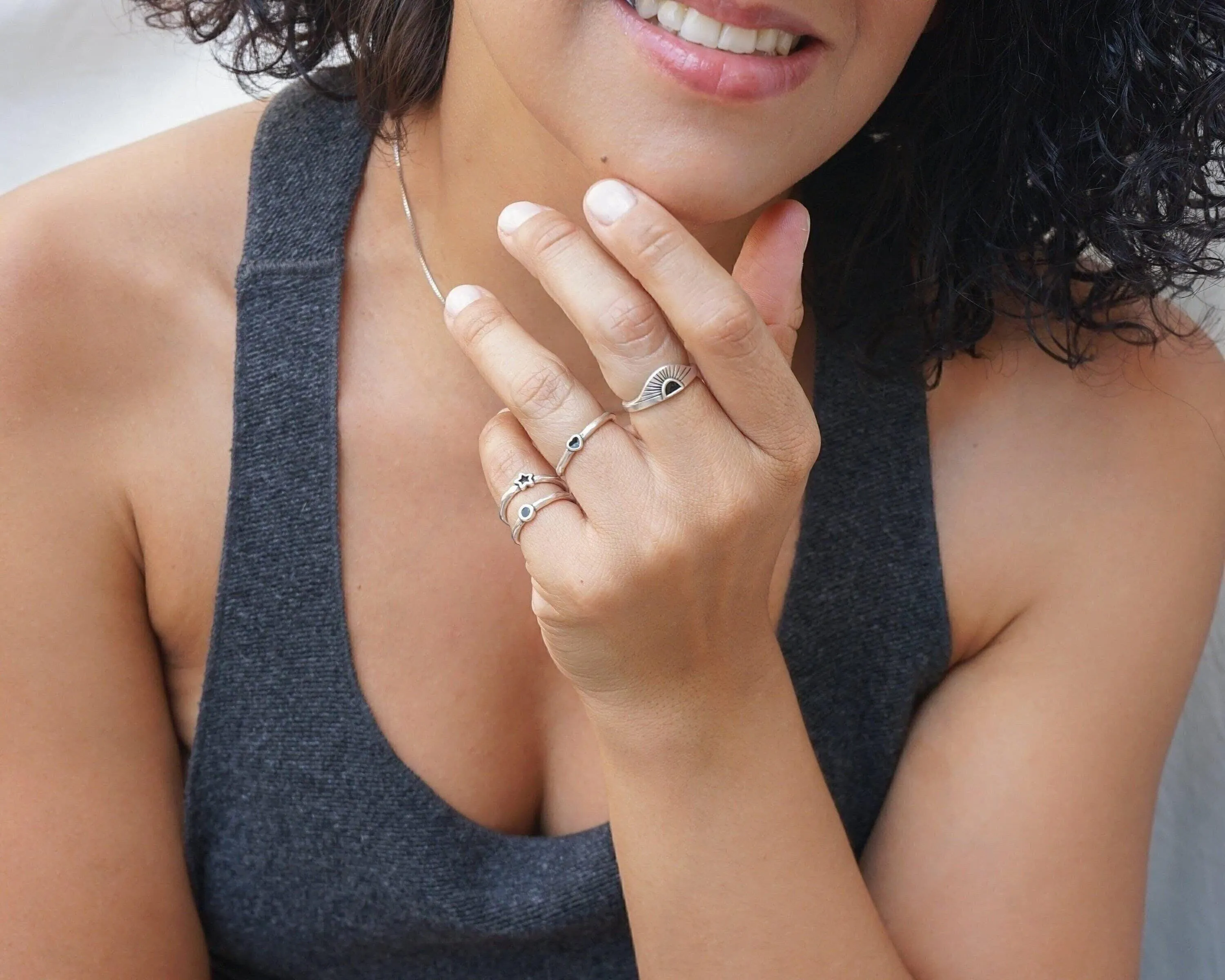 Tiny Band Silver Black Star Pinky Ring
