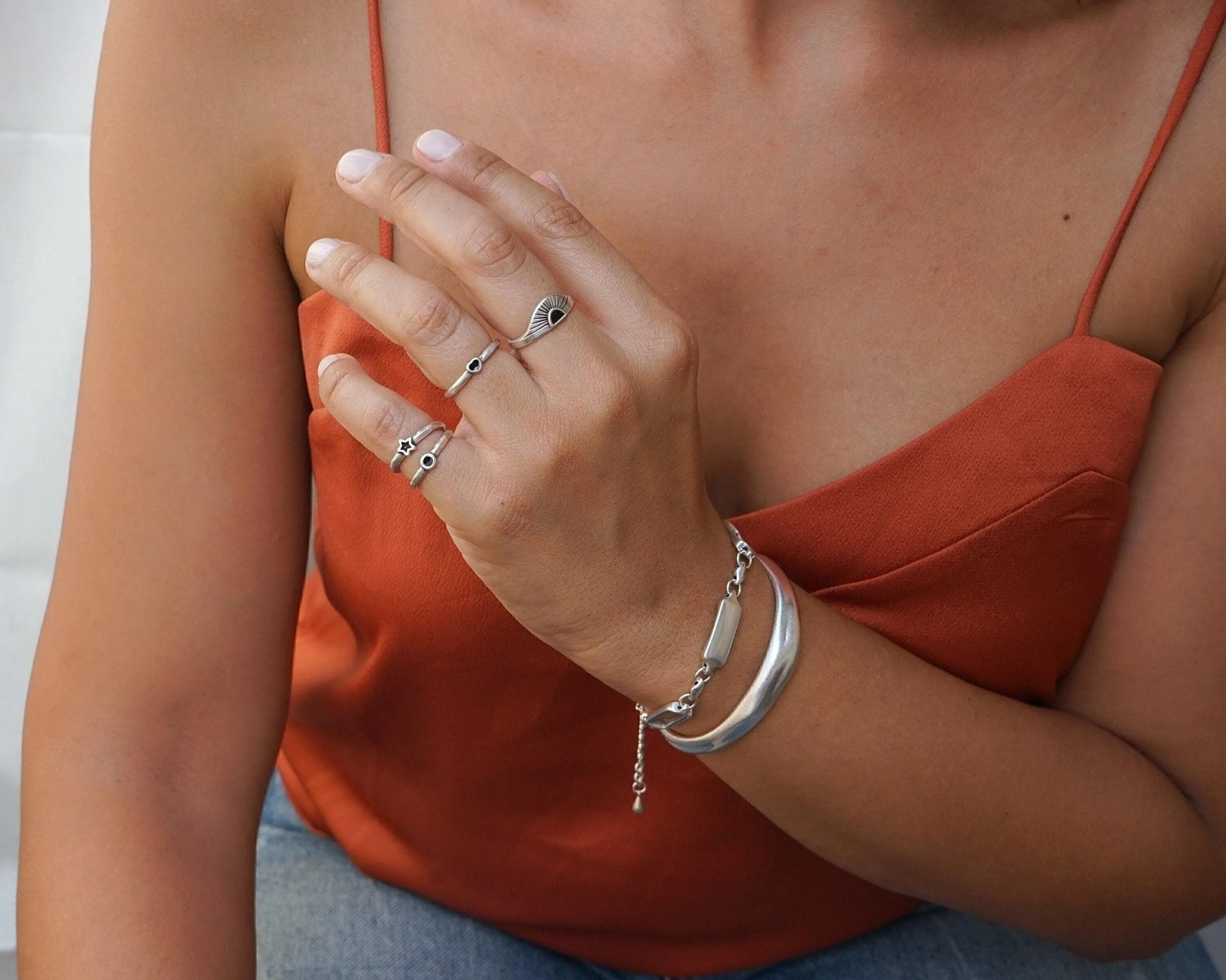 Tiny Band Silver Black Star Pinky Ring