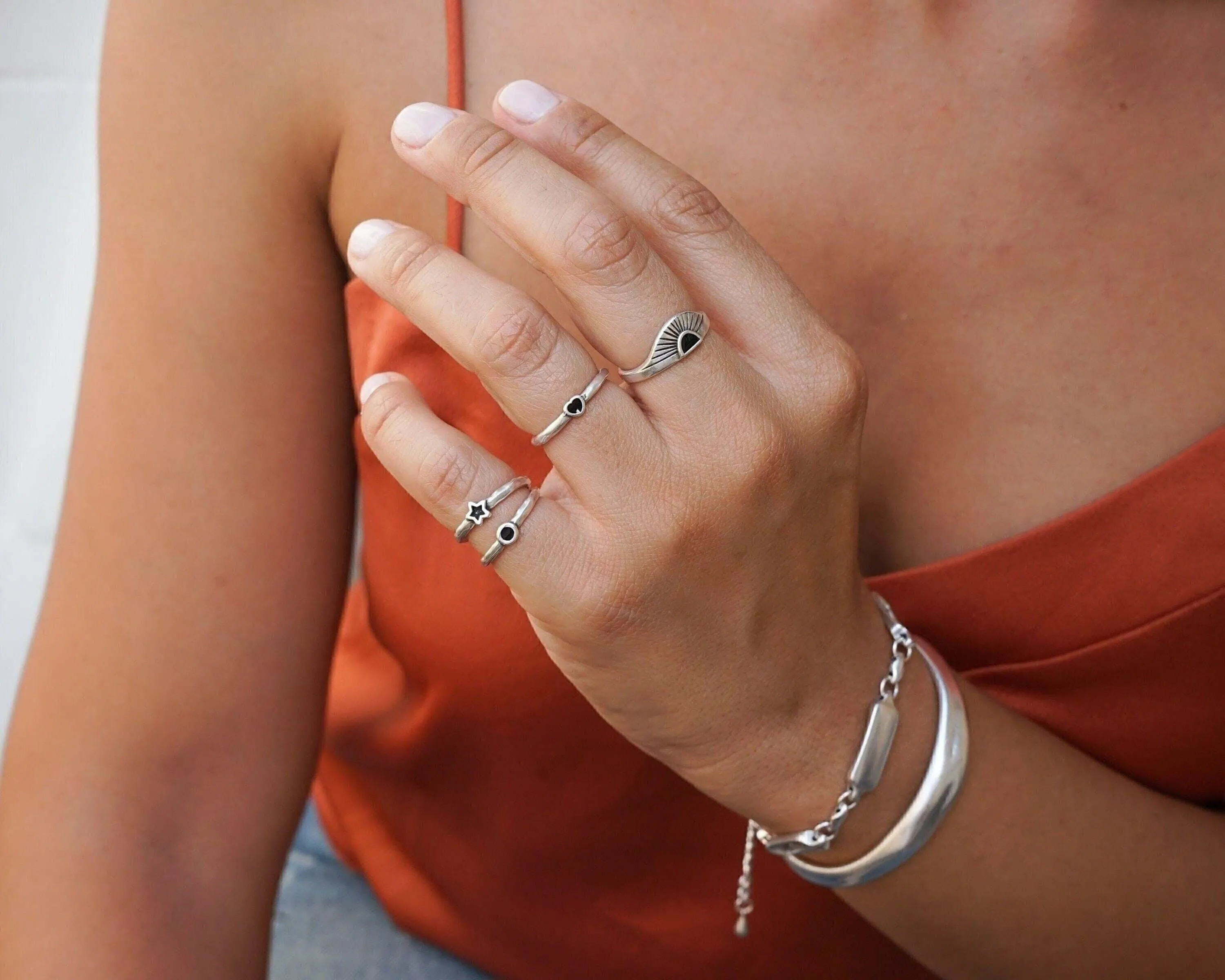 Tiny Band Silver Black Star Pinky Ring
