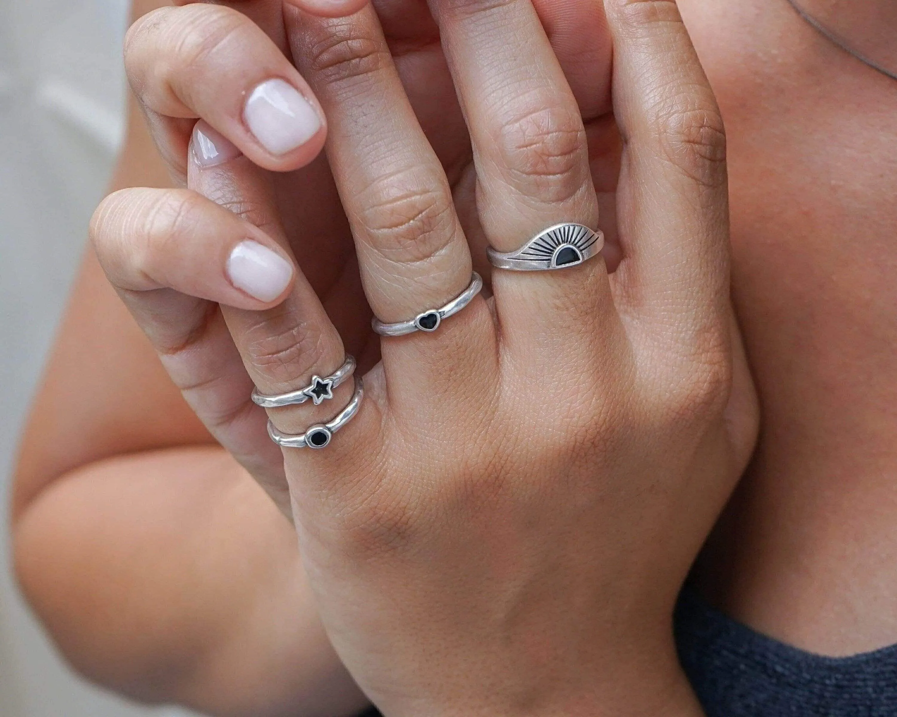Tiny Band Silver Black Star Pinky Ring