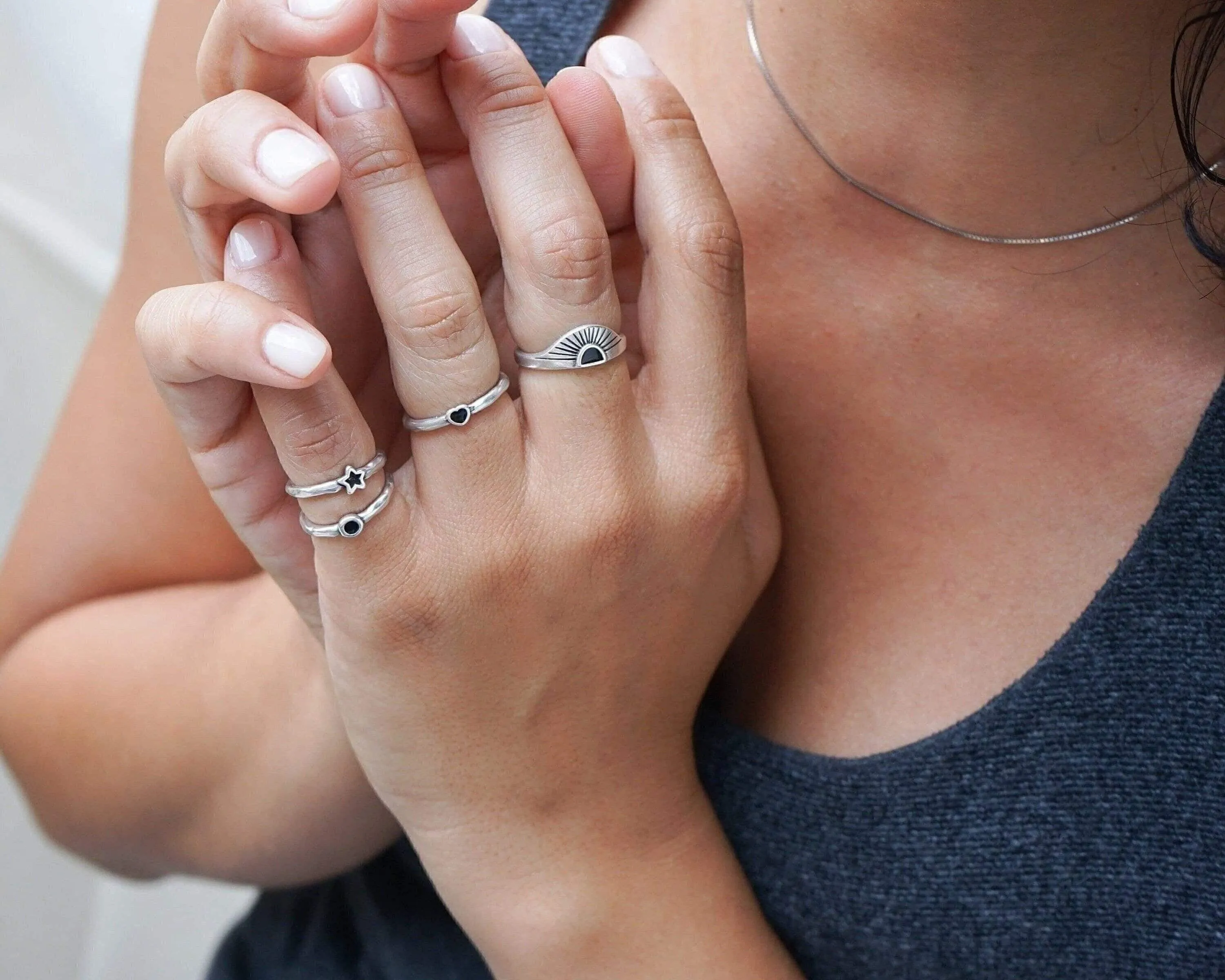 Tiny Band Silver Black Star Pinky Ring