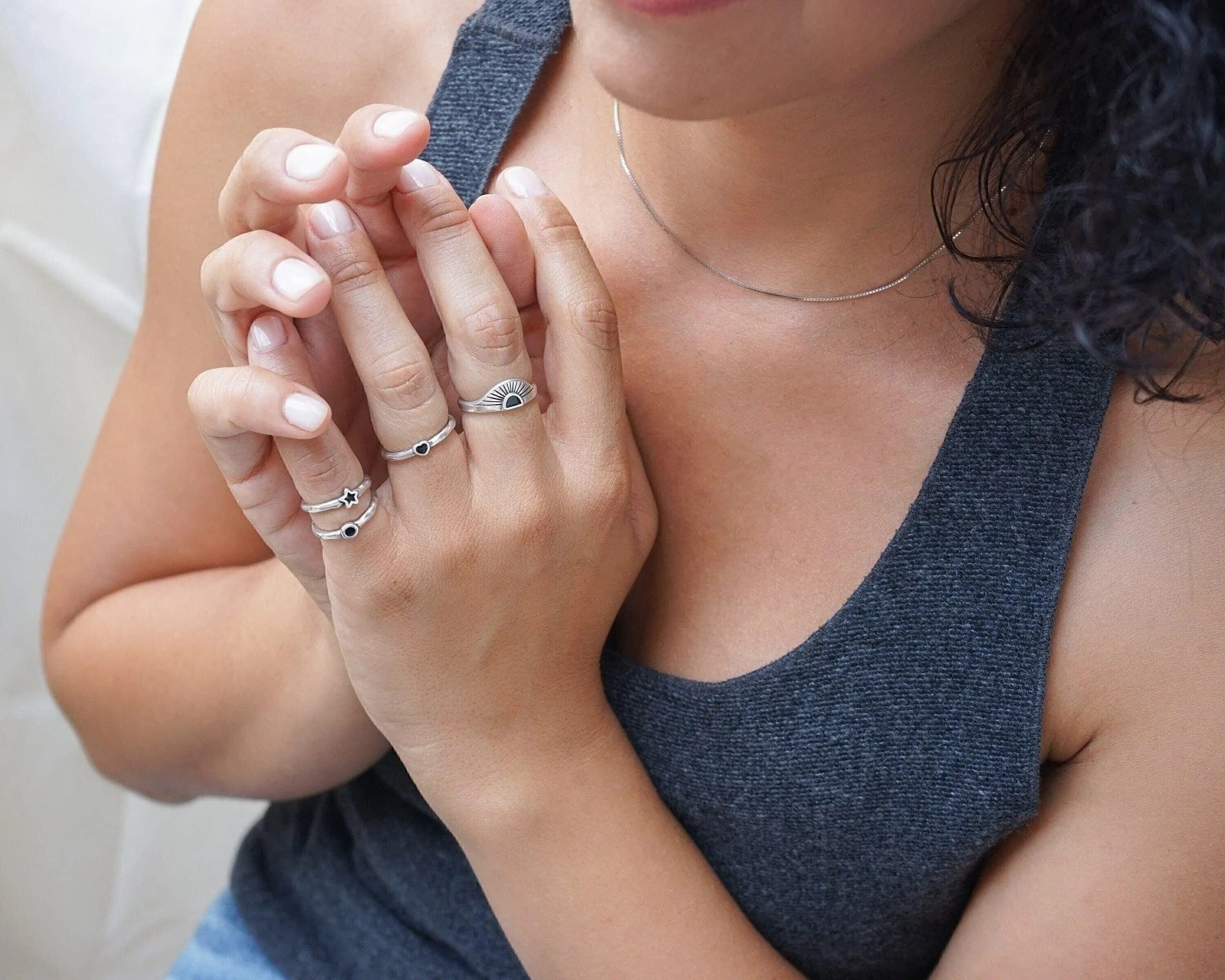 Tiny Band Silver Black Star Pinky Ring