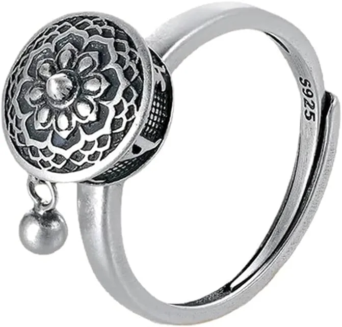 Tiny Bead Ball Dangling Stackable Ring for Women Teen Girls Round Ball Dangle Drop Carved Flowers Open Adjustable Rotation Stress Relief Thin Finger Band Ethnic Faith Amulet Silver Plated Rings