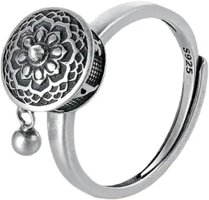 Tiny Bead Ball Dangling Stackable Ring for Women Teen Girls Round Ball Dangle Drop Carved Flowers Open Adjustable Rotation Stress Relief Thin Finger Band Ethnic Faith Amulet Silver Plated Rings