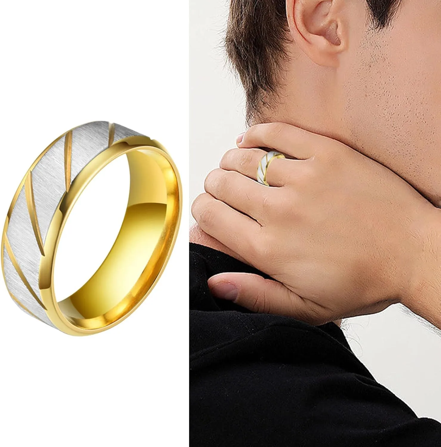 Titanium Steel Statement Ring Double Beveled Edge Promise Ring Stylish Minimalist Design Anniversary Ring for Men (Gold, 7)