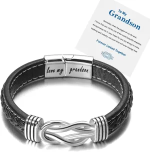 To My Grandson Bracelet Stainless Steel Genuine Leather Bracelet for Men Forever Linked Together Handmade Wrist Band Cuff Bangle Bracelet(to my grandson)