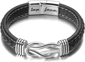 To My Son/Grandson Bracelet Stainless Steel Genuine Leather Bracelet for Men Forever Linked Together Handmade Wrist Band Cuff Bangle Bracelet(love you forever)