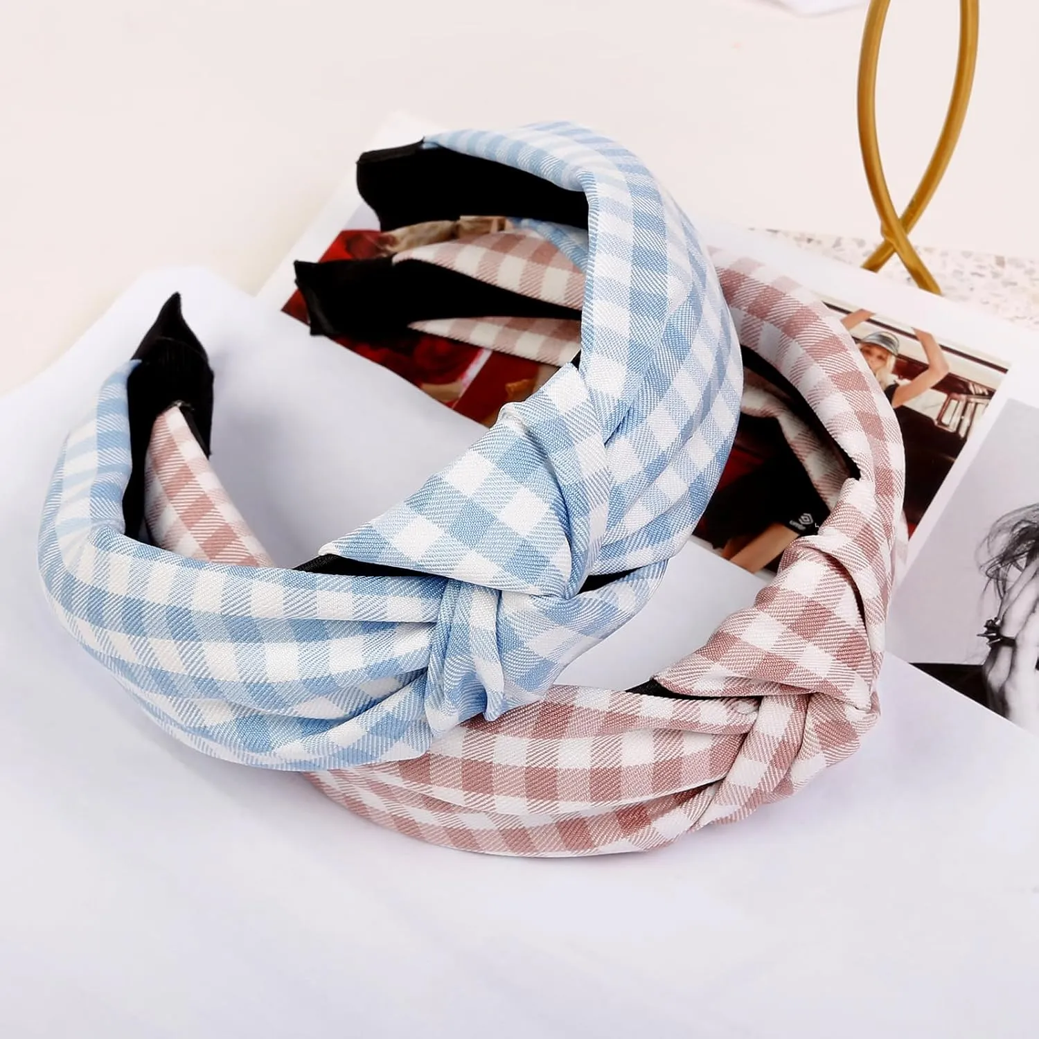 Tobeffect Plaid Knotted Headbands for Women and Girls, Boho Checked Knot Head Bands for Women's Hair Non Slip Hairbands Checkered Hair Accessories