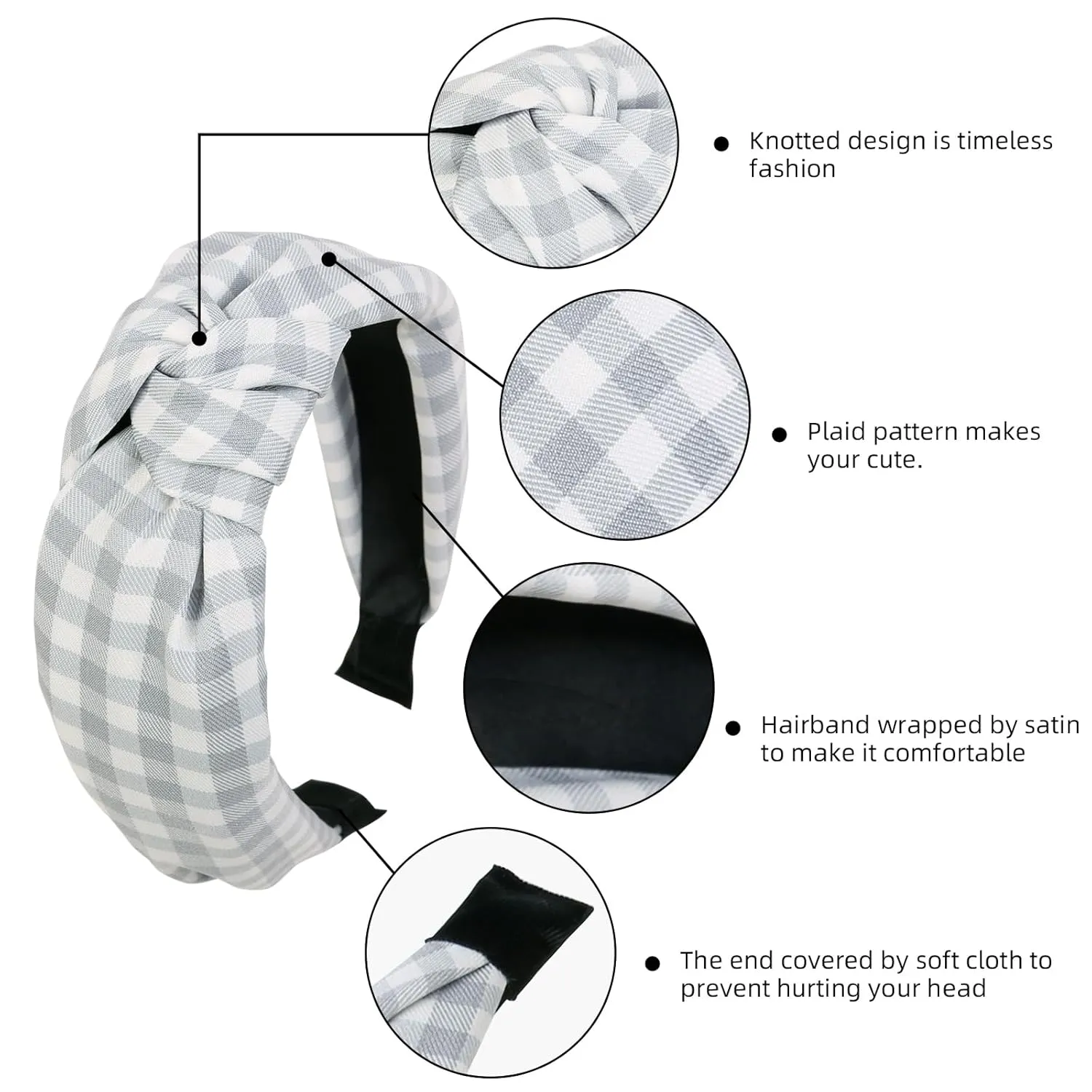 Tobeffect Plaid Knotted Headbands for Women and Girls, Boho Checked Knot Head Bands for Women's Hair Non Slip Hairbands Checkered Hair Accessories