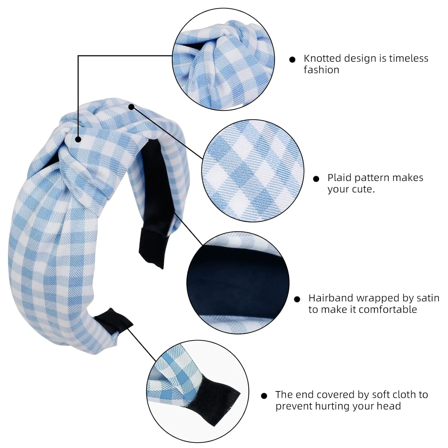Tobeffect Plaid Knotted Headbands for Women and Girls, Boho Checked Knot Head Bands for Women's Hair Non Slip Hairbands Checkered Hair Accessories