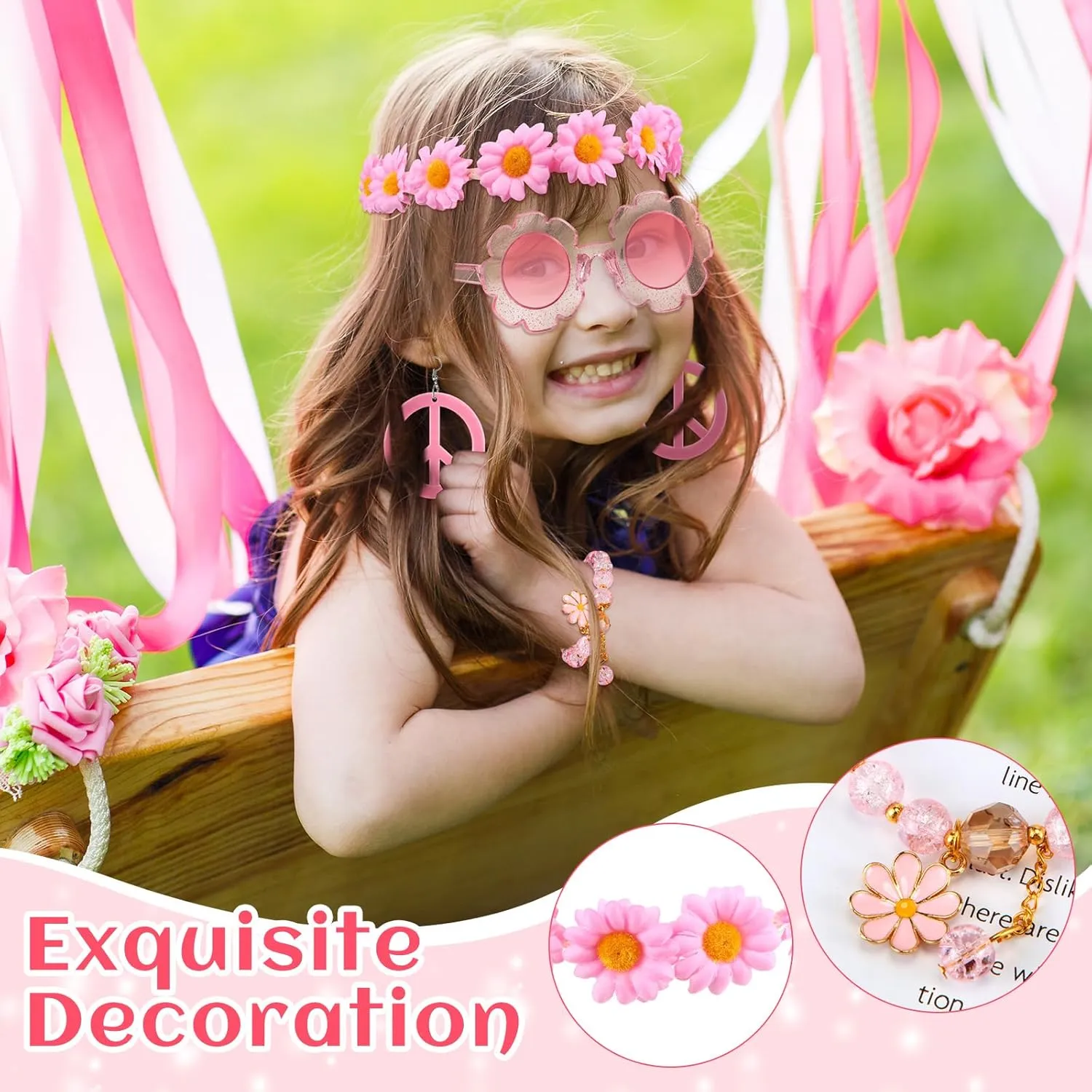 Tondiamo 5 Pcs Kids Hippie Costume Accessories 60s 70s Toddler Girl Outfit Boho Peace Sign Daisy Flower for Halloween Cosplay
