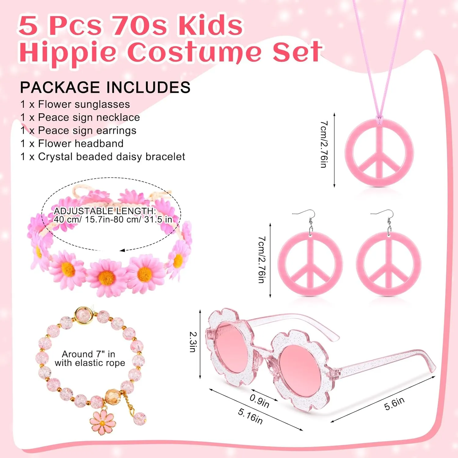 Tondiamo 5 Pcs Kids Hippie Costume Accessories 60s 70s Toddler Girl Outfit Boho Peace Sign Daisy Flower for Halloween Cosplay