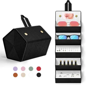 Travel Case for Sunlgasses and Jewelry, Foldable Jewelry Case Eye Glasses Organizer, Hanging Loop, Interior Mirror