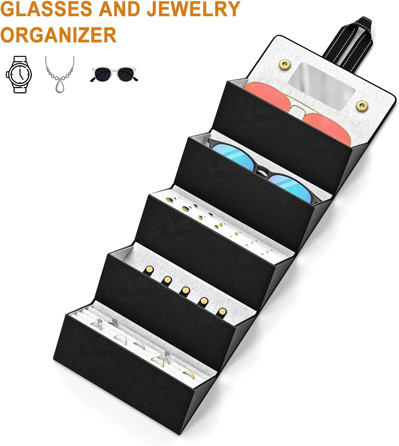 Travel Case for Sunlgasses and Jewelry, Foldable Jewelry Case Eye Glasses Organizer, Hanging Loop, Interior Mirror