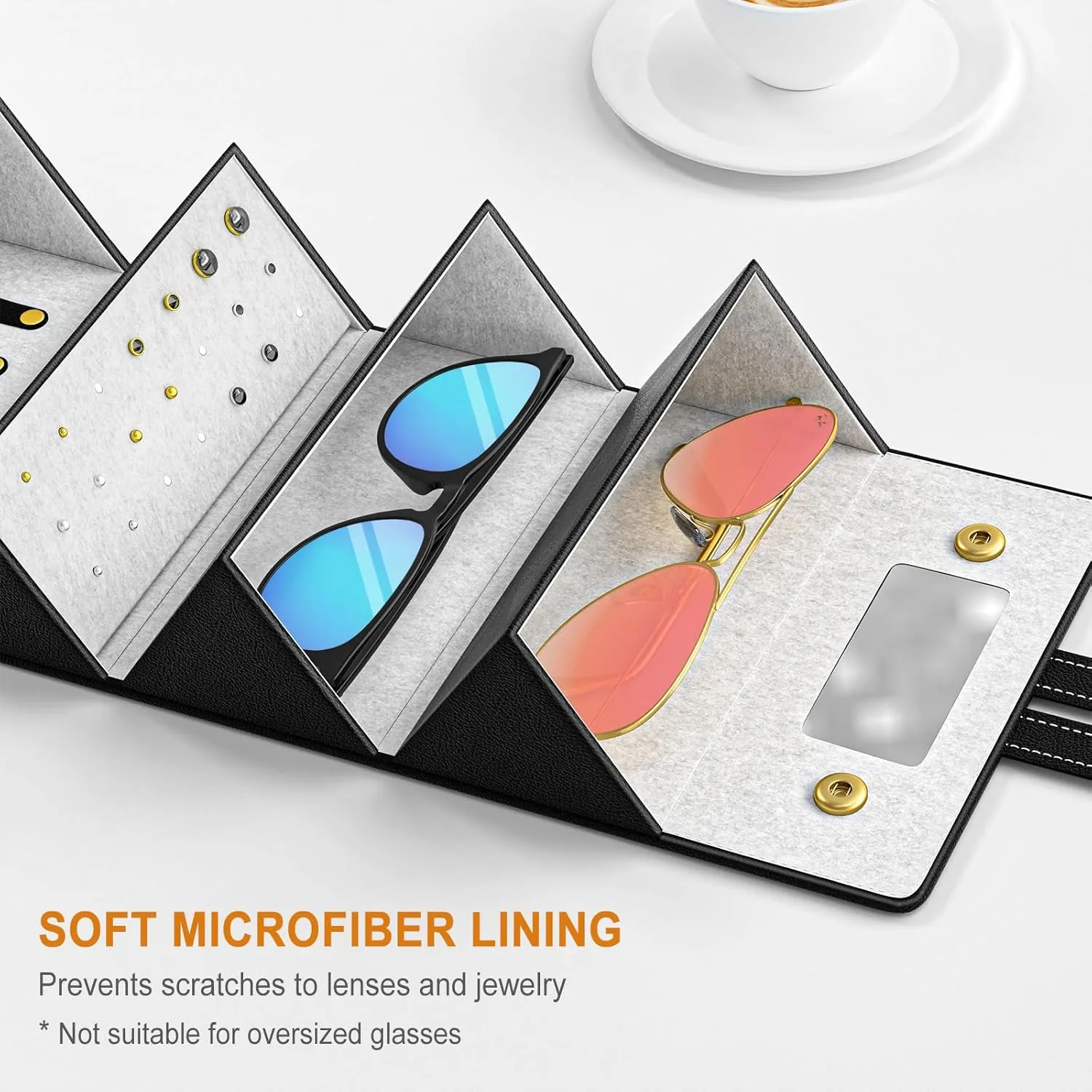 Travel Case for Sunlgasses and Jewelry, Foldable Jewelry Case Eye Glasses Organizer, Hanging Loop, Interior Mirror