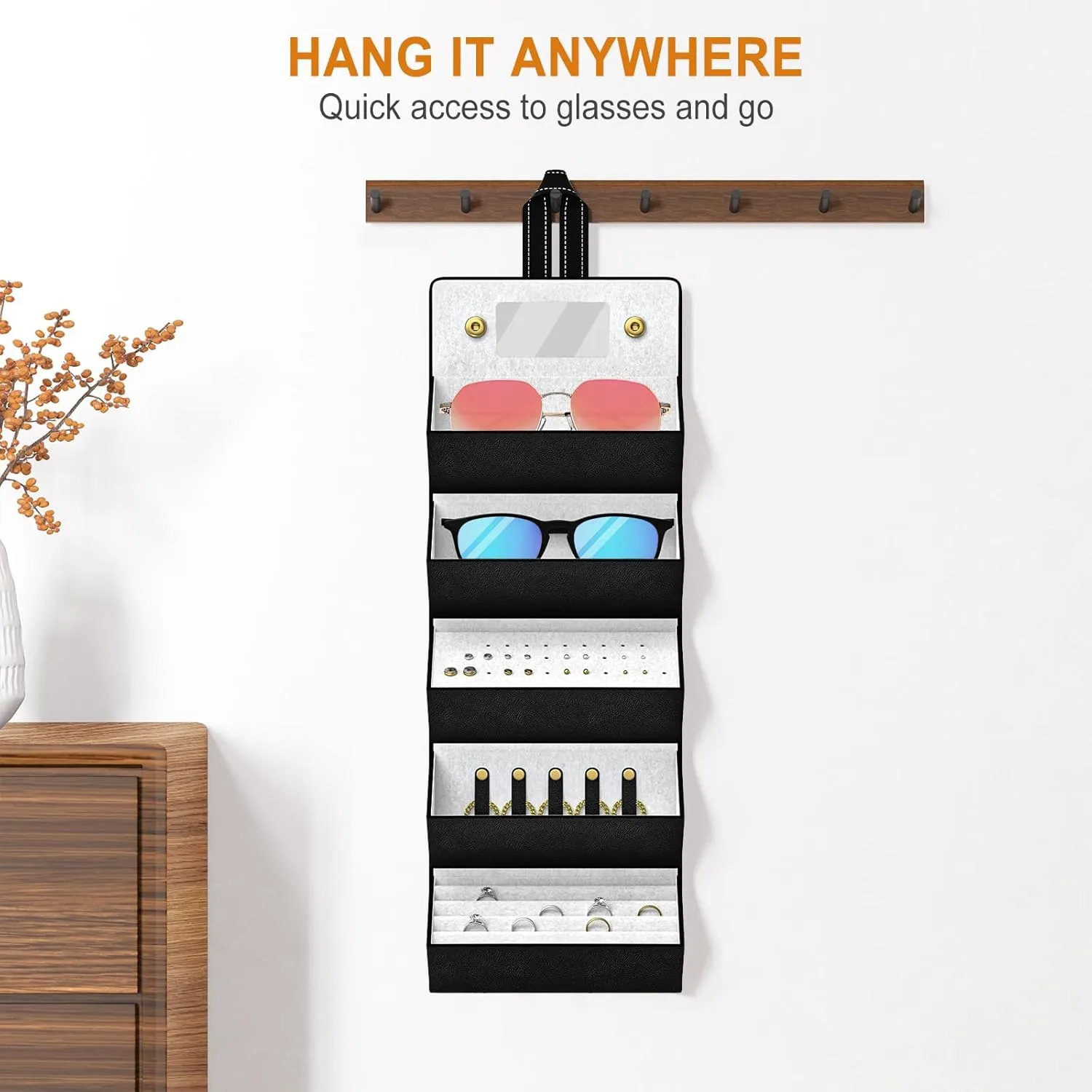 Travel Case for Sunlgasses and Jewelry, Foldable Jewelry Case Eye Glasses Organizer, Hanging Loop, Interior Mirror