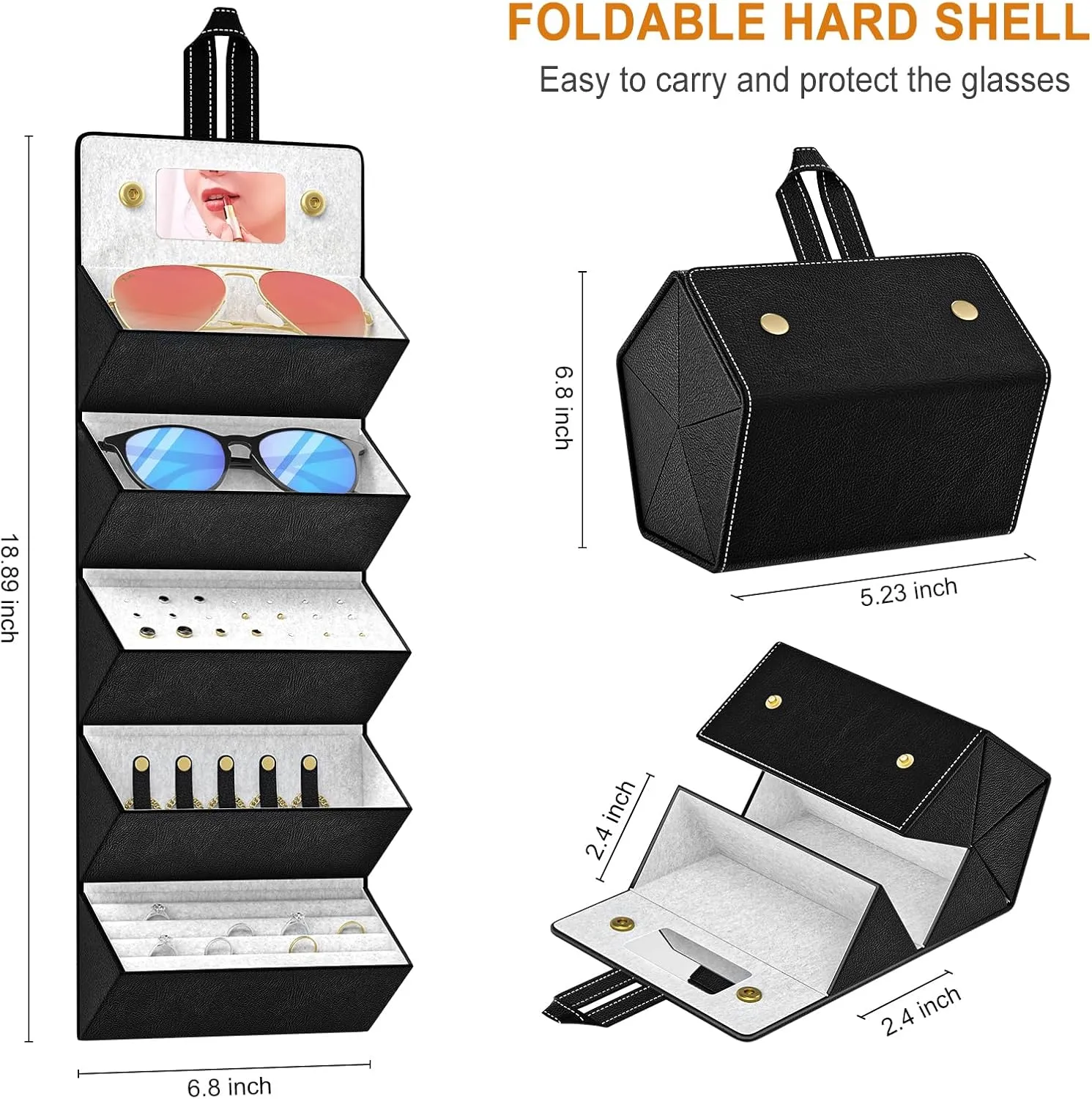 Travel Case for Sunlgasses and Jewelry, Foldable Jewelry Case Eye Glasses Organizer, Hanging Loop, Interior Mirror
