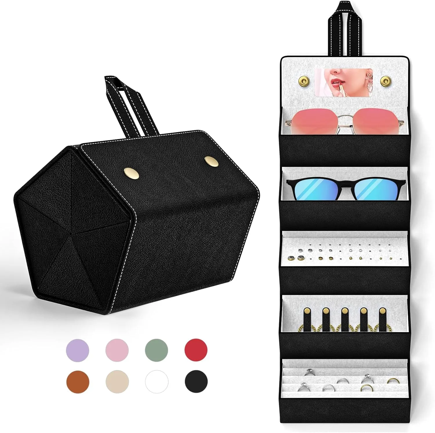 Travel Case for Sunlgasses and Jewelry, Foldable Jewelry Case Eye Glasses Organizer, Hanging Loop, Interior Mirror