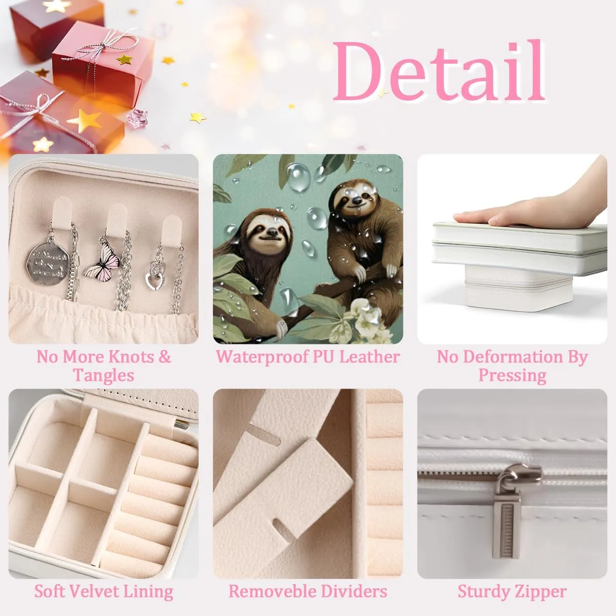 Travel Jewelry Case Organizer Cute Sloth Patterned Necklace Earring Organizer Box Small Jewelry Travel Case with Mirror for Women Girls Sister