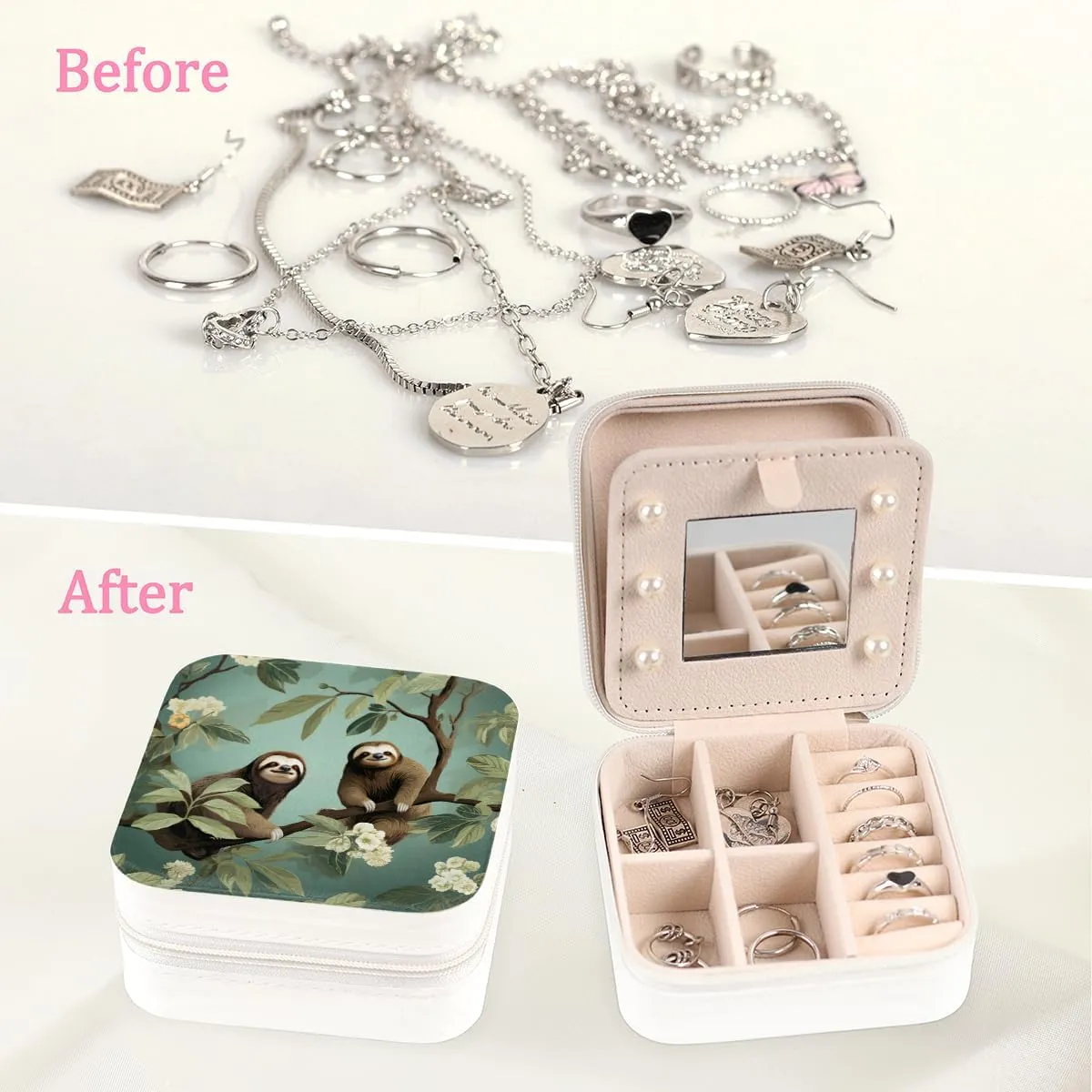 Travel Jewelry Case Organizer Cute Sloth Patterned Necklace Earring Organizer Box Small Jewelry Travel Case with Mirror for Women Girls Sister