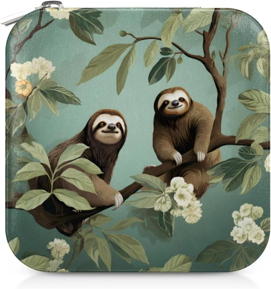 Travel Jewelry Case Organizer Cute Sloth Patterned Necklace Earring Organizer Box Small Jewelry Travel Case with Mirror for Women Girls Sister