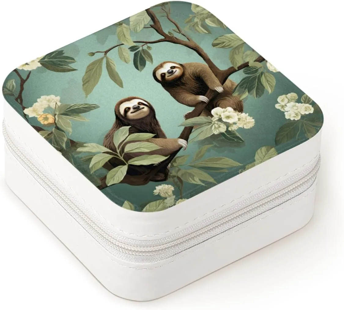 Travel Jewelry Case Organizer Cute Sloth Patterned Necklace Earring Organizer Box Small Jewelry Travel Case with Mirror for Women Girls Sister