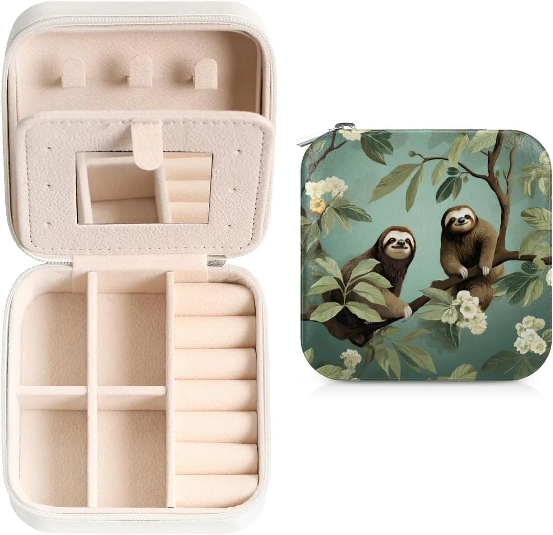 Travel Jewelry Case Organizer Cute Sloth Patterned Necklace Earring Organizer Box Small Jewelry Travel Case with Mirror for Women Girls Sister