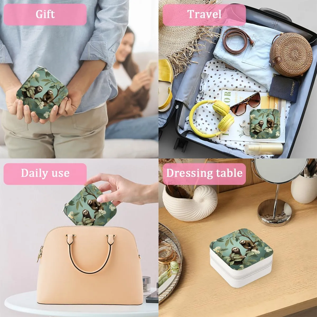 Travel Jewelry Case Organizer Cute Sloth Patterned Necklace Earring Organizer Box Small Jewelry Travel Case with Mirror for Women Girls Sister