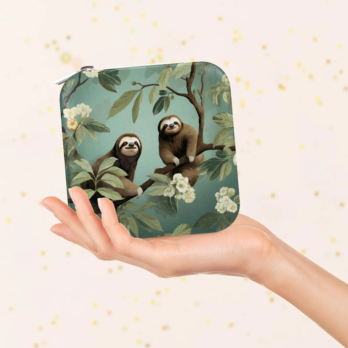 Travel Jewelry Case Organizer Cute Sloth Patterned Necklace Earring Organizer Box Small Jewelry Travel Case with Mirror for Women Girls Sister
