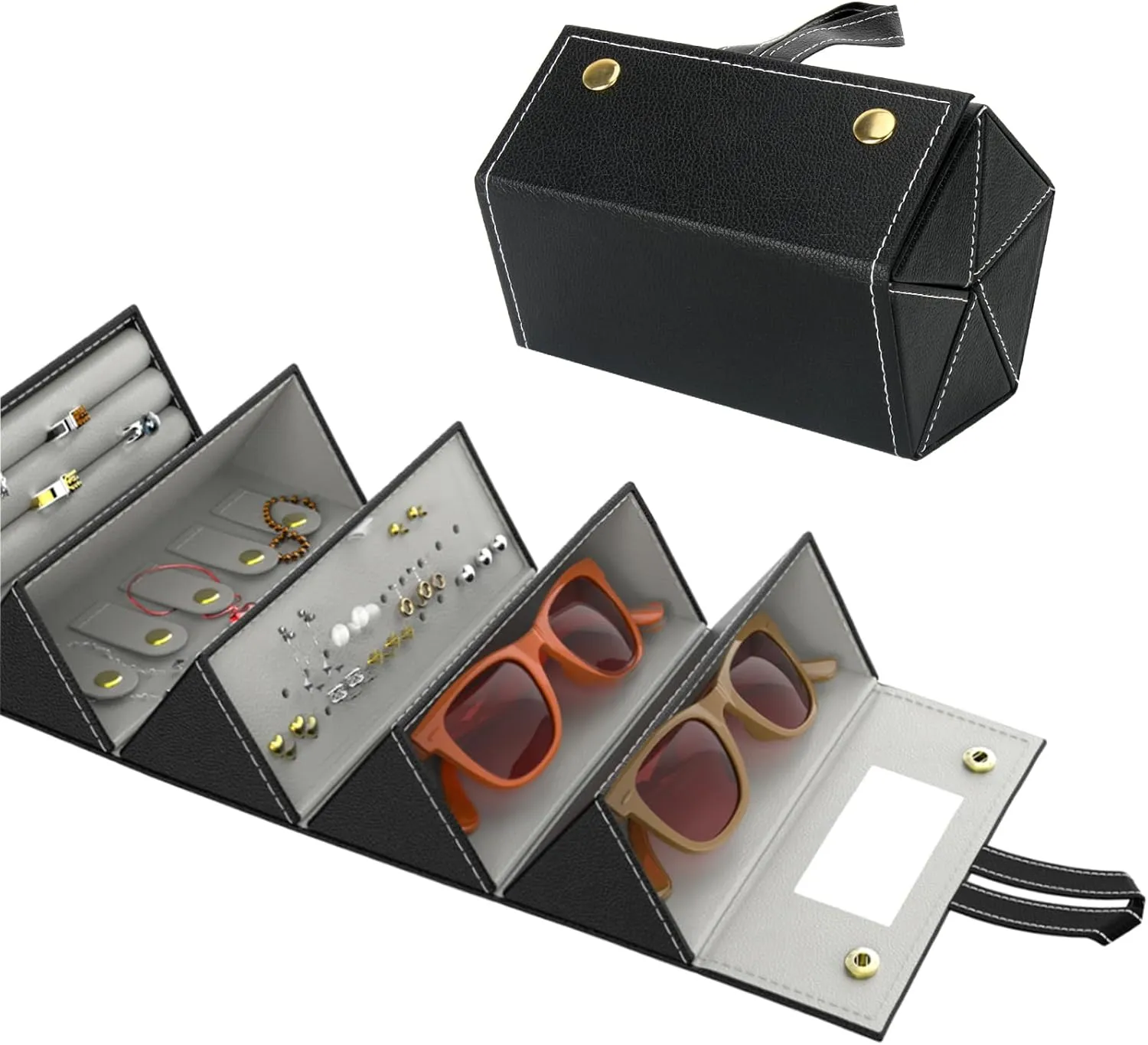 Travel Sunglasses & Jewelry Organizer, 5-Slot Hanging Case with Mirror, Foldable Leather Storage for Eyeglasses, Earrings, Necklaces, Rings, Bracelets Compact Multi-Function Travel Accessory